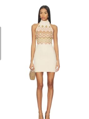 Retrofete Cream Knit Halter Mini with Pink and Gold Motif